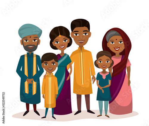 Big happy indian family in national dress isolated vector illustration. Parents, grandparents and children cartoon characters. Family generations standing together, senior couple with grandchildren
