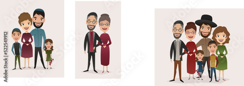 Big happy jewish family isolated vector illustration. Mother, father, grandparents, children, son, daughter cartoon characters. Family generations standing together, senior couple with grandchildren
