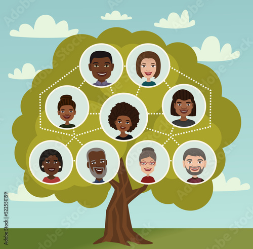 Big family tree with people avatar icons vector illustration. Genealogical tree with grandparents, parents and his children cartoon characters. Diagram of members dynasty, family generation concept