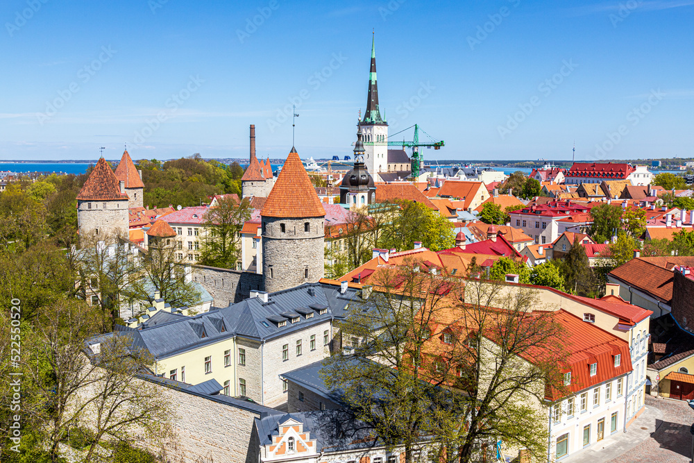 Looking out from the Upper Town over the rooves of the old town of Tallinn the capital city of Estonia