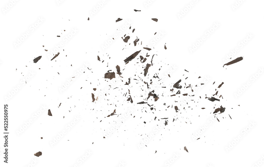 Obraz premium Explosion effect, burned, charred paper scraps, scattered isolated on white texture, top view