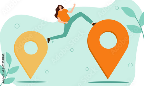 Business relocation, move office to new address or transfer to new location concept, businessman company owner jumping from map navigation pin to new one metaphor of relocation.