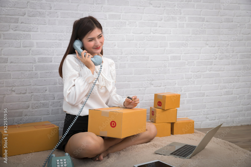 Woman receiving orders via retro telephone. Successful entrepreneur business woman with online sales and Parcel shipping in her home office. Woman receiving orders via retro telephone. Successful entrepreneur business woman with online sales and Parcel shipping in her home office.