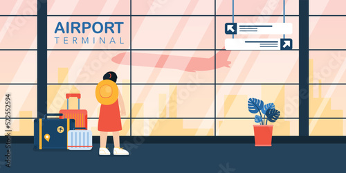 Female With Suitcase And Luggage Looking Outside The Window To The Flying Airplane, Vector, Illustration