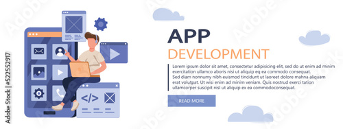 App development concept. Developers write code, testing, create page layout. Vector illustration for blogging, website, mobile app, promotional materials.
