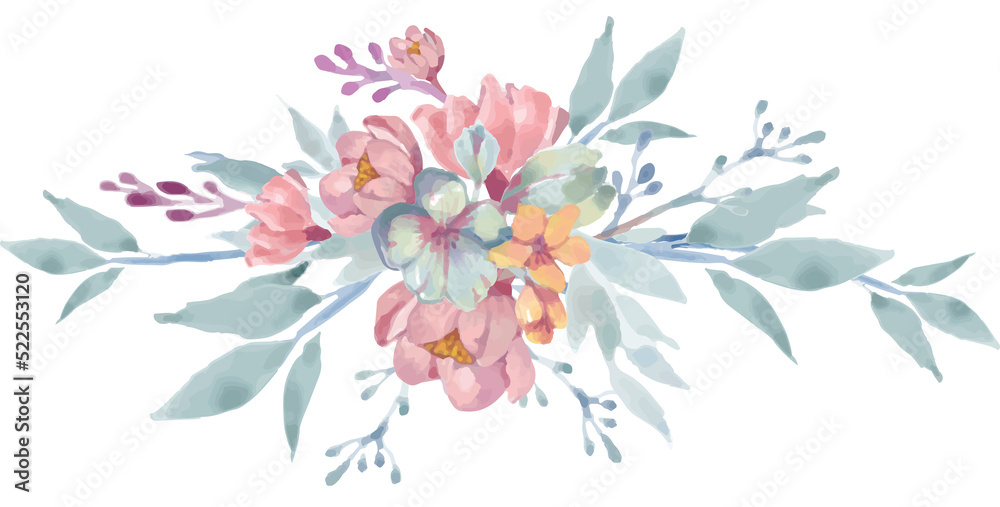Pink pastel watercolor flowers  design . Rustic wedding with mint, pink, blue tones. 