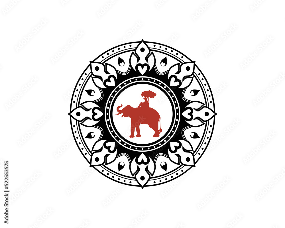 Obraz premium Ornament Classic Circle with Silhouette of a man riding an elephant. Ornament Thai