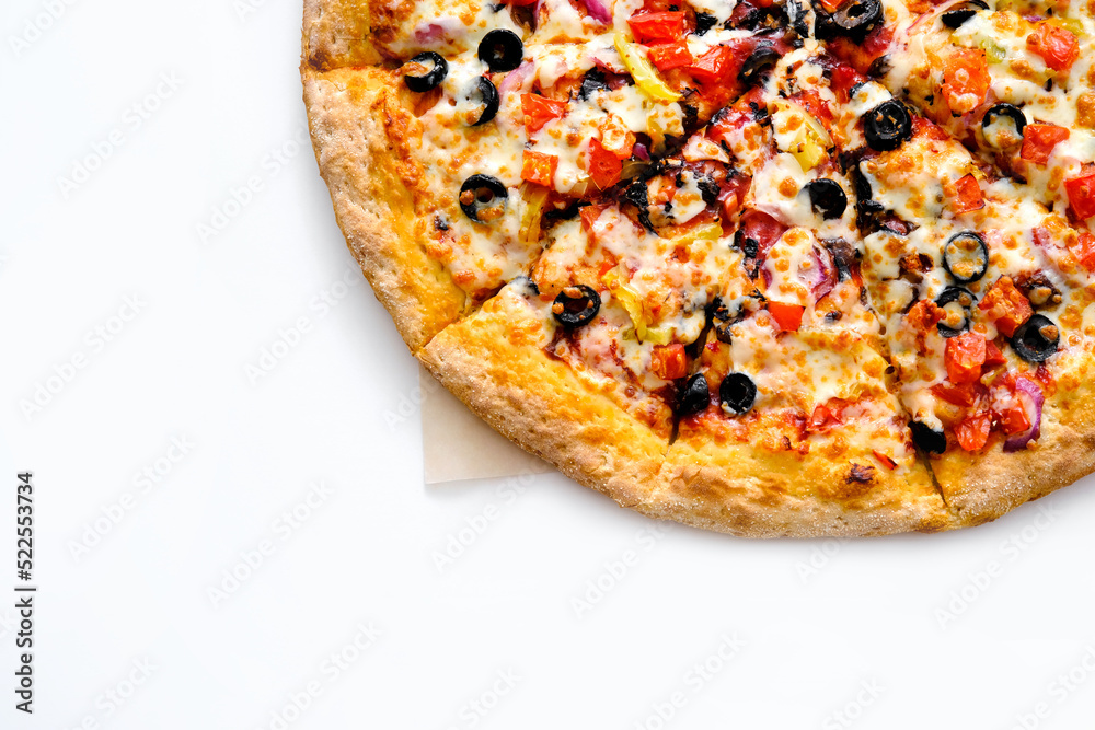 Pizza with mozzarella cheese, basil, tomatoes and olives, a template for your design and restaurant menu, there is a free space for an inscription on an isolated white background.