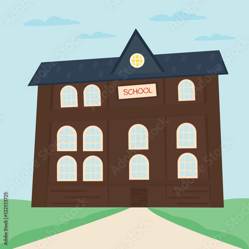 School. Scandinavian style building for urban educational construction with elements of a rustic landscape. Vector illustration in a flat style