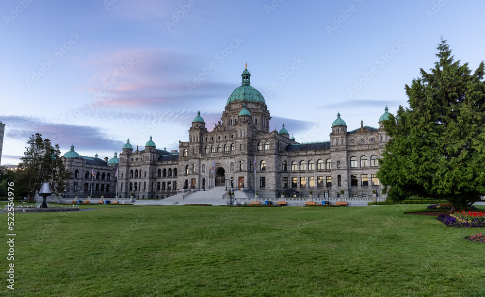 Legislative Assembly of British Columbia in the Capital City during colorful sunrise. Downtown Victoria, Vancouver Island, BC, Canada.