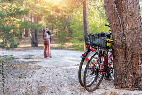 Scene view of young adult lovers pair enjoy hugging at outdoors forest walk date with bicycles. Sport lifestyle healthy recreation leisure bike tour trip in nature woods at autumn evening together