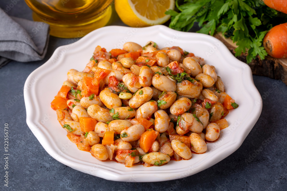 Traditional delicious Turkish food; Kidney beans with olive oil, Red kidney bean stew, Turkish name; Barbunya pilaki Traditional delicious Turkish food; Kidney beans with olive oil, Red kidney bean stew, Turkish name; Barbunya pilaki