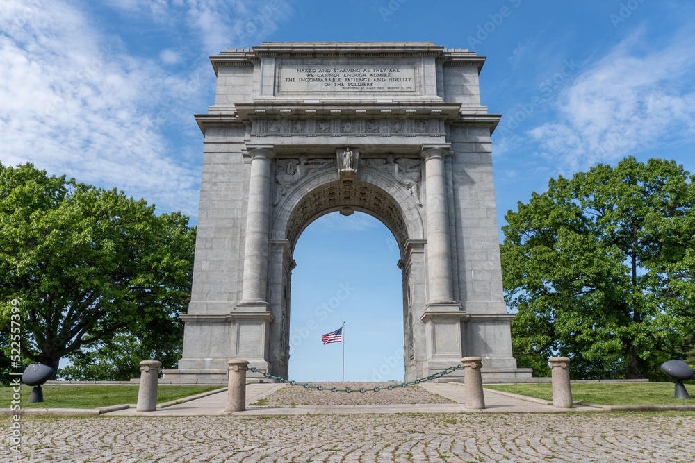 United States National Memorial Arch, located in Valley Forge National Historical Park, Pennsylvania. Monument celebrates arrival of George Washington's Continental Army.