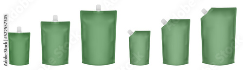 Set of green doypack packaging with screw cap. Blank foil drink bags pouches with spout. Stand up doy pack mock up set. Cosmetic refill