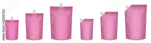 Set of pink doypack packaging with screw cap. Blank foil drink bags pouches with spout. Stand up doy pack mock up set. Cosmetic refill photo