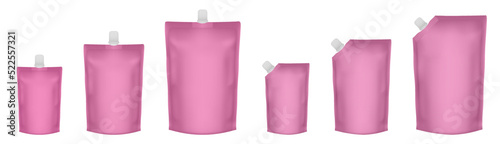 Set of pink doypack packaging with screw cap. Blank foil drink bags pouches with spout. Stand up doy pack mock up set. Cosmetic refill
