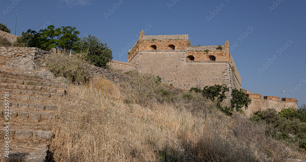 The Castle of Palamidi, the best well-maintained huge castle, the Venetian fortifications architectural masterpice, located in Nafplio on the crest of a 216m cliff, Argolis, Peloponnese, Greece