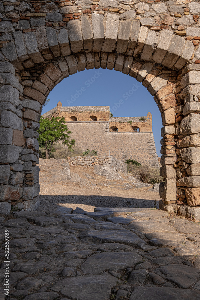 The Castle of Palamidi, the best well-maintained huge castle,  the Venetian fortifications architectural masterpice, located in Nafplio on the crest of a 216m cliff, Argolis, Peloponnese, Greece 