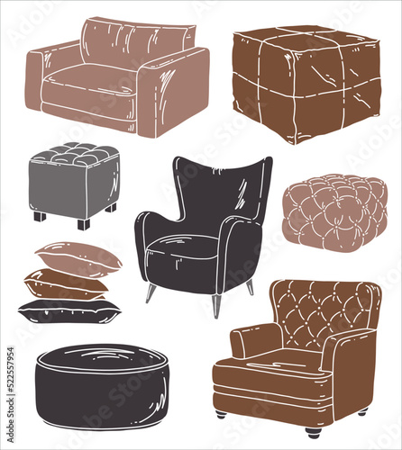 Clipart furniture vector set with grey and brown armchair, pouf and pillow. Loft style room.