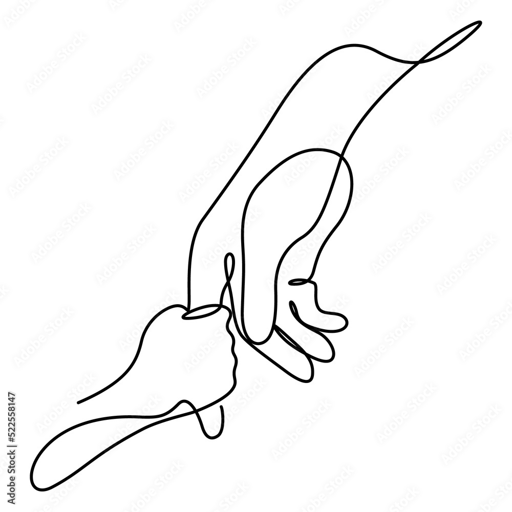 One line drawing of adult and young palm hand holding One line drawing of adult and young palm hand holding