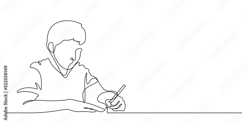 one line drawing of happiness boy student writing - obrazy, fototapety, plakaty 