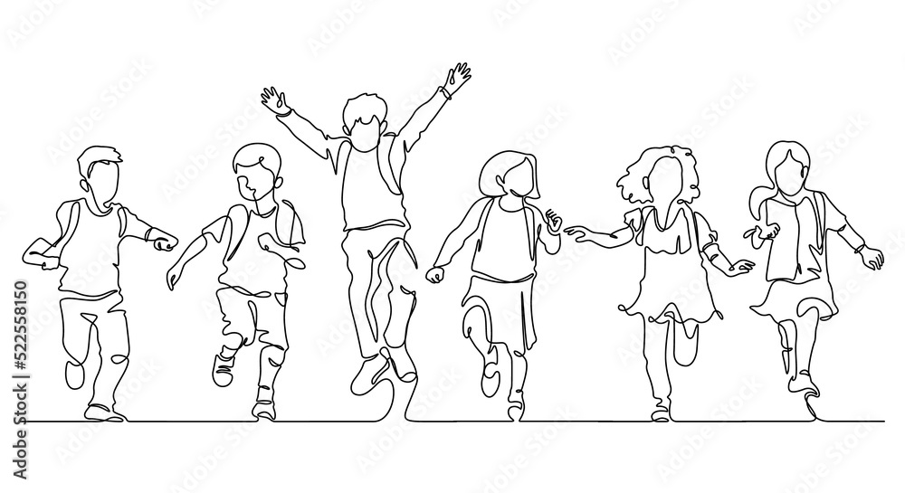 continuous line drawing of happiness little students group enjoy school finish continuous line drawing of happiness little students group enjoy school finish