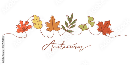 One line drawing of autumn leaves and autumn typography