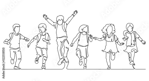 continuous line drawing of happiness little students group enjoy school finish