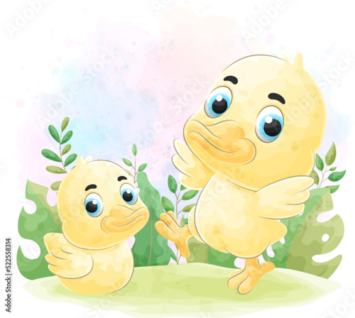 Cute doodle Duck with watercolor illustration
