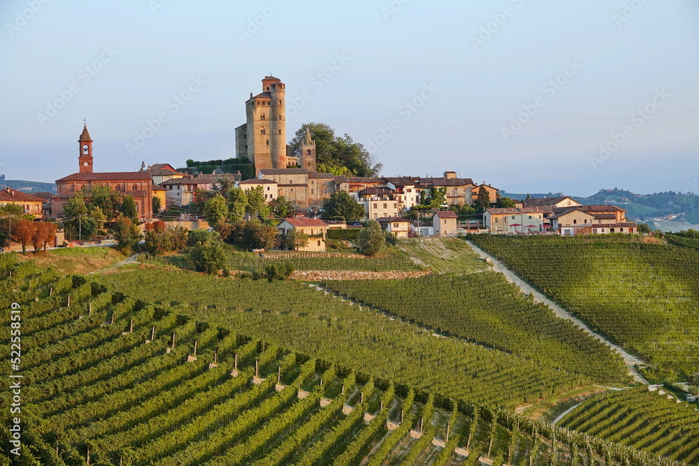 The beautiful village of Serralunga d'Alba and its vineyards in the Langhe region of Piedmont, Italy.