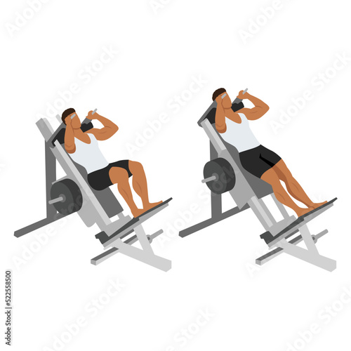 Man doing hack squat exercise. Flat vector illustration isolated on white background