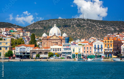 Photos View of Mytilene seaside port with cathedral of Agios Therapontas, Lesvos island