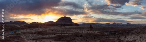 Red Rock Formations in Desert at Sunset. Spring Season. Goblin Valley State Park. Utah, United States. Nature Background Panorama