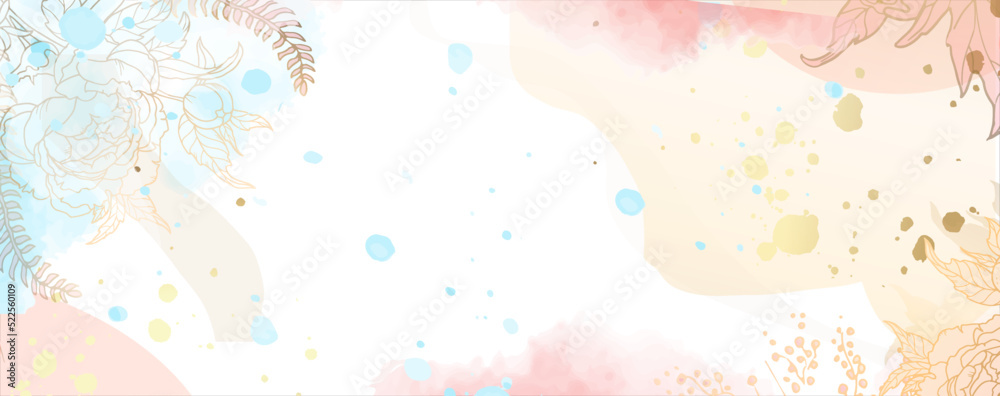 Luxurious golden wallpaper. Minimalistic style. Banner with flowers and leaves of peony, roses. Watercolor pink and beige spots on a white background. Brilliant flowers and twigs. vector file.