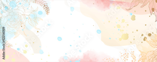 Luxurious golden wallpaper. Minimalistic style. Banner with flowers and leaves of peony, roses. Watercolor pink and beige spots on a white background. Brilliant flowers and twigs. vector file.