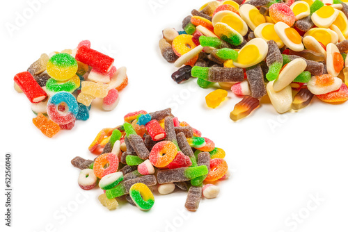 Assorted gummy candies. Top view. Jelly sweets. Isolated on white.