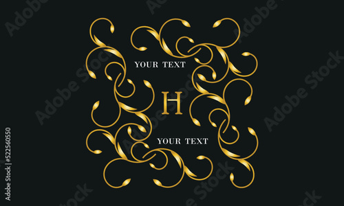 Logo design template in trendy linear style with flowers and leaves, letter H on black background - luxury products, cosmetics packaging, fancy monogram.
