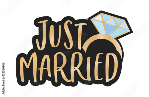 Just Married, Just Married Sign, Just Married Banner, Wedding Banner, Wedding Congrats, Wedding Bells, Diamond Ring Vector Isolated Sign Banner Illustration Background