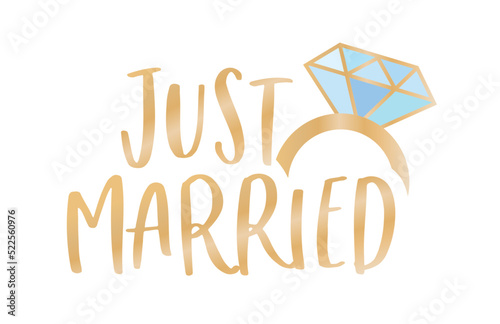 Just Married, Just Married Sign, Just Married Banner, Wedding Banner, Wedding Congrats, Wedding Bells, Diamond Ring Vector Isolated Sign Banner Illustration Background