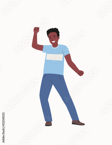 Young man with dark skin dance to music. Man stand full body. Flat style cartoon vector illustration.
