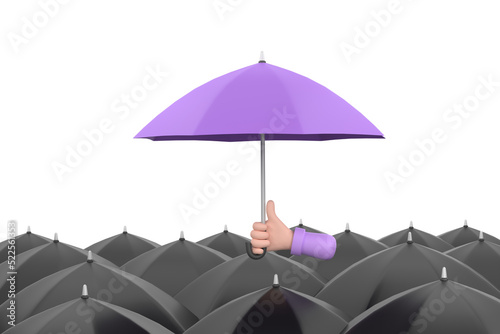 Uniqueness and individuality. Hand holding a purple umbrella among people with black umbrellas.