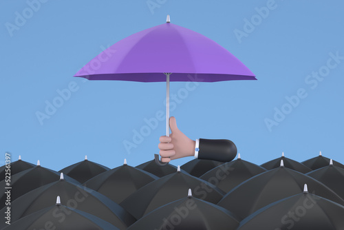 Uniqueness and individuality. Hand holding a purple umbrella among people with black umbrellas.