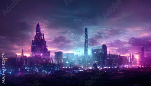 Night city illustration with neon glow and vivid colors.