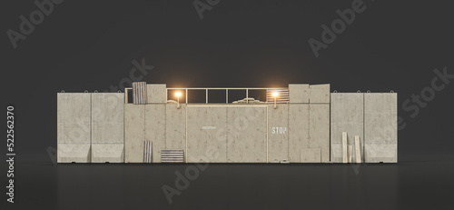 Concrete firewall, boundary wall with spotlights, military security wall, 3d rendering
