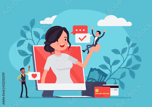 Young woman happy with online management technology, bank, payment access application, positive website or social media help, information support, electronic money pay. Vector illustration