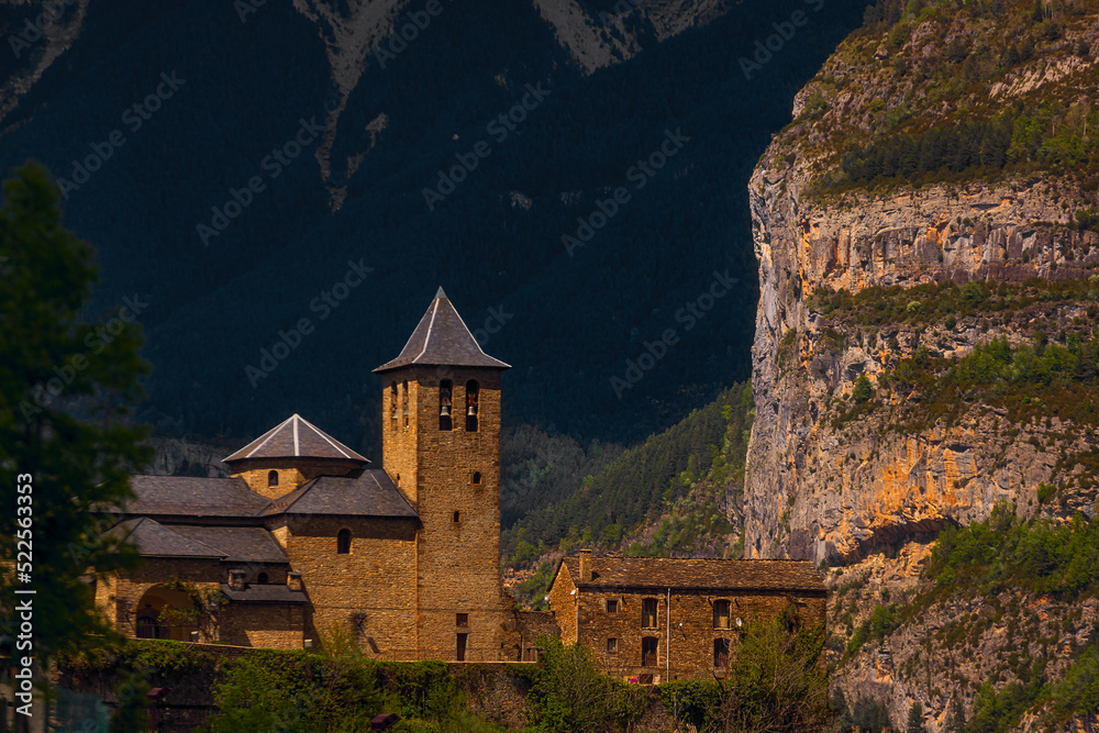 detail small town Torla Ordesa at the foot of the mountains Monte Perdido National Park