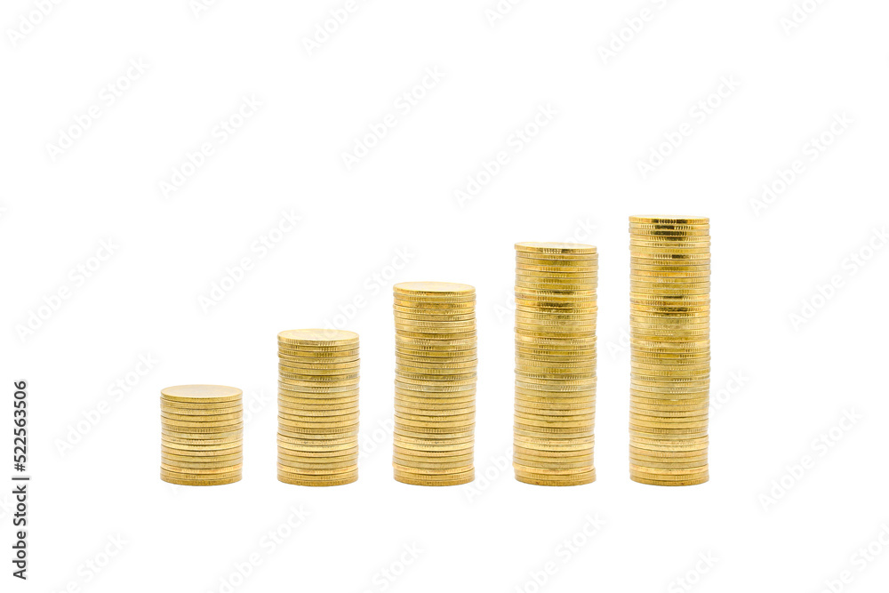The minimal Gold coins towers graph pattern that shows the growth of investment and saving money from left to right are isolated on white background. Clipping Paths.