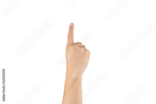 Φωτογραφία Asian back back hand shows and counts 1 (one) sign on finger on isolated white background