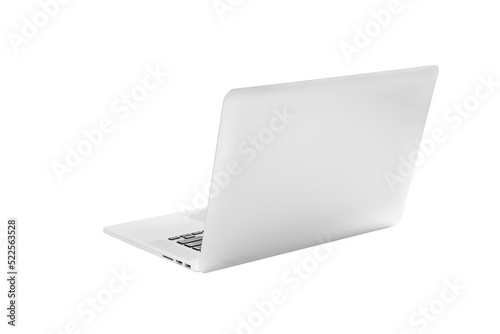 Принти на полотні Laptop gray metalic sliver colour notebook in backside view open cover on the white background