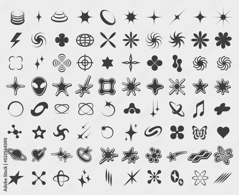 Y2K symbols. Retro star icons, trendy acid rave and graphic elements for  posters and streetwear fashion design vector set Векторный объект Stock